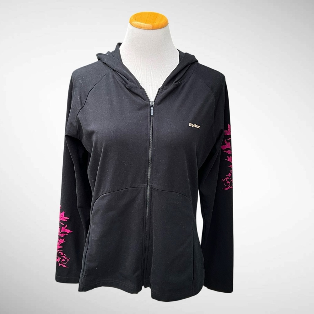 Reebok Zip-Front Hooded Athletic Jacket Floral Sleeves